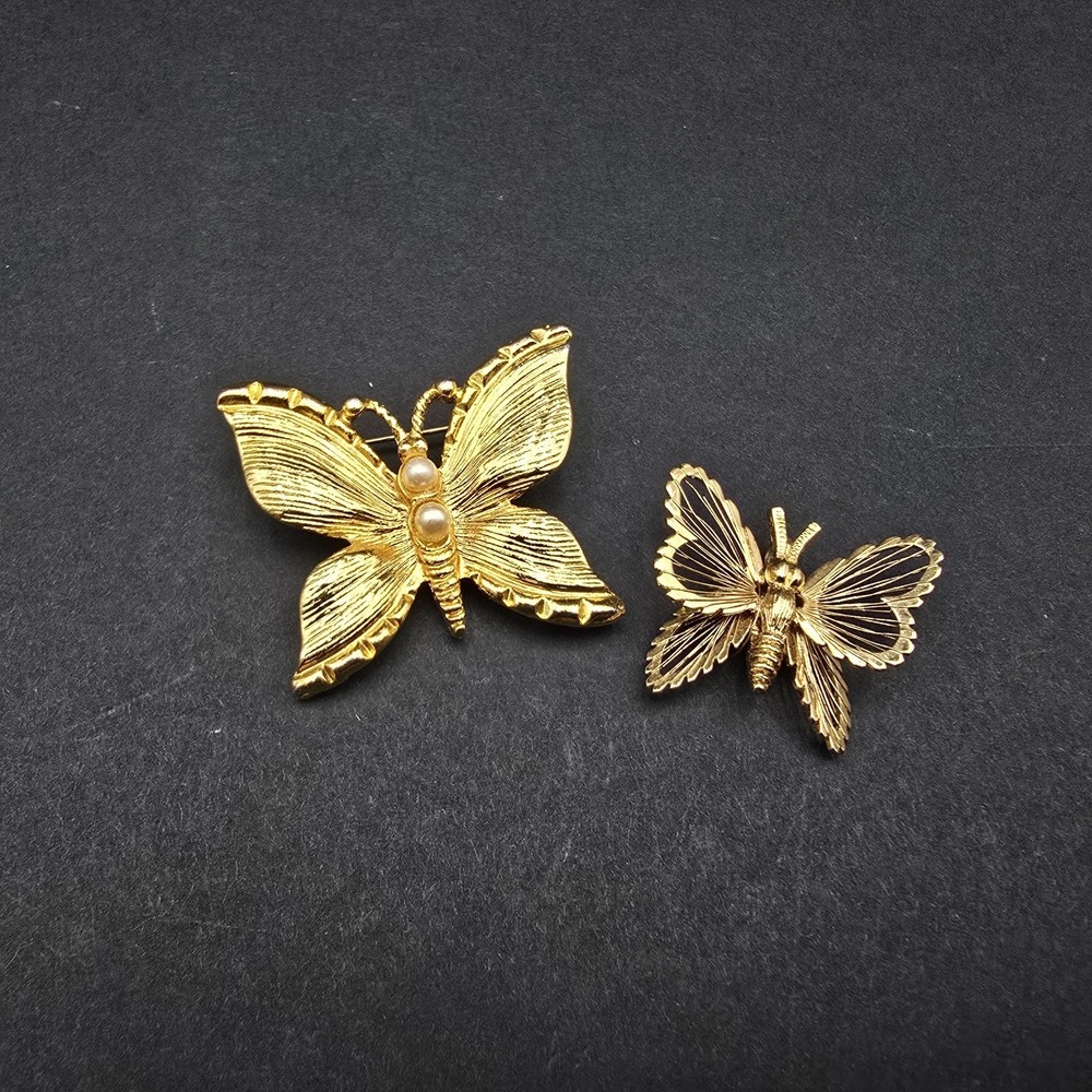 Vintage Butterfly Pin Brooch Set Monet Small Lot of 2 Gold Tone